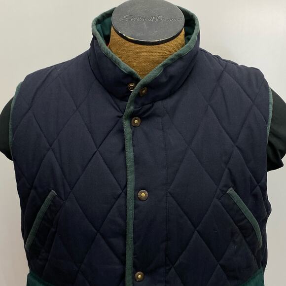 Vintage Gulliver's Navy Blue Diamond Quilted Vest Men's L Red Plaid Lining Snaps - Picture 5 of 12